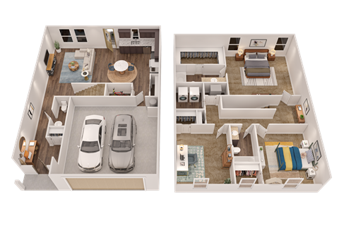 Two images of a house layout with a kitchen, living room, and bedrooms.